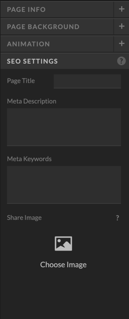 This is the Options section of Showit so that you can put the Page Title and Meta Description. 

Seo Settings
Page Title
Meta Description
Meta Keywords
Shared Image

Optimise 