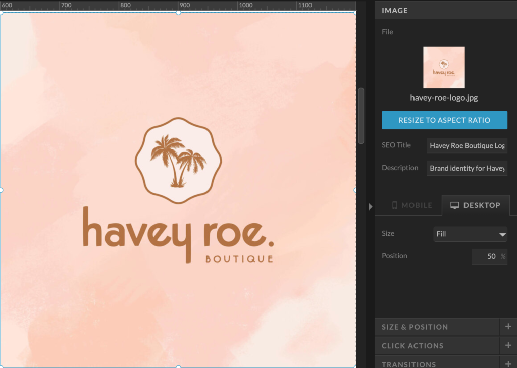 A Showit website with a logo of the Havey Roe Boutique. On the right side of the image is the options for the Image. It explains that you can put an SEO Title and Description for the Image. Optimise Showit website with SEO.