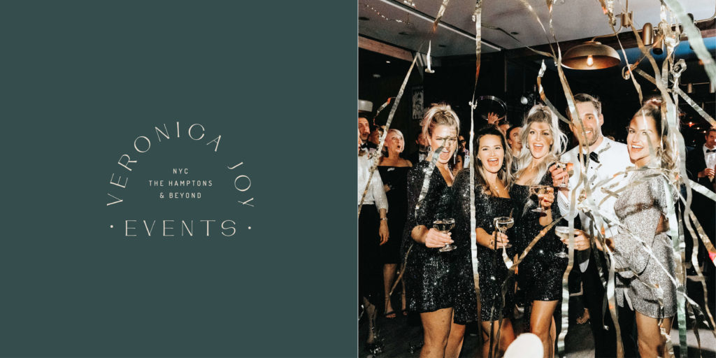 Woodland green logo background with modern text: Veronica Joy Evennts - NYC, The Hamptons & Beyond. A picture of a group of people at a luxurious party. 