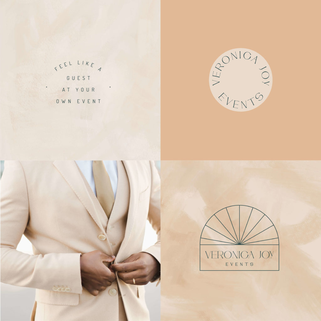 Brown Mood Board Inspiration for Logo Design. Caramel Color, Turmeric Color, Caramel Background Texture and a man buttoning his suit. Veronica Joy Events. Feel like a guest at your own event. 